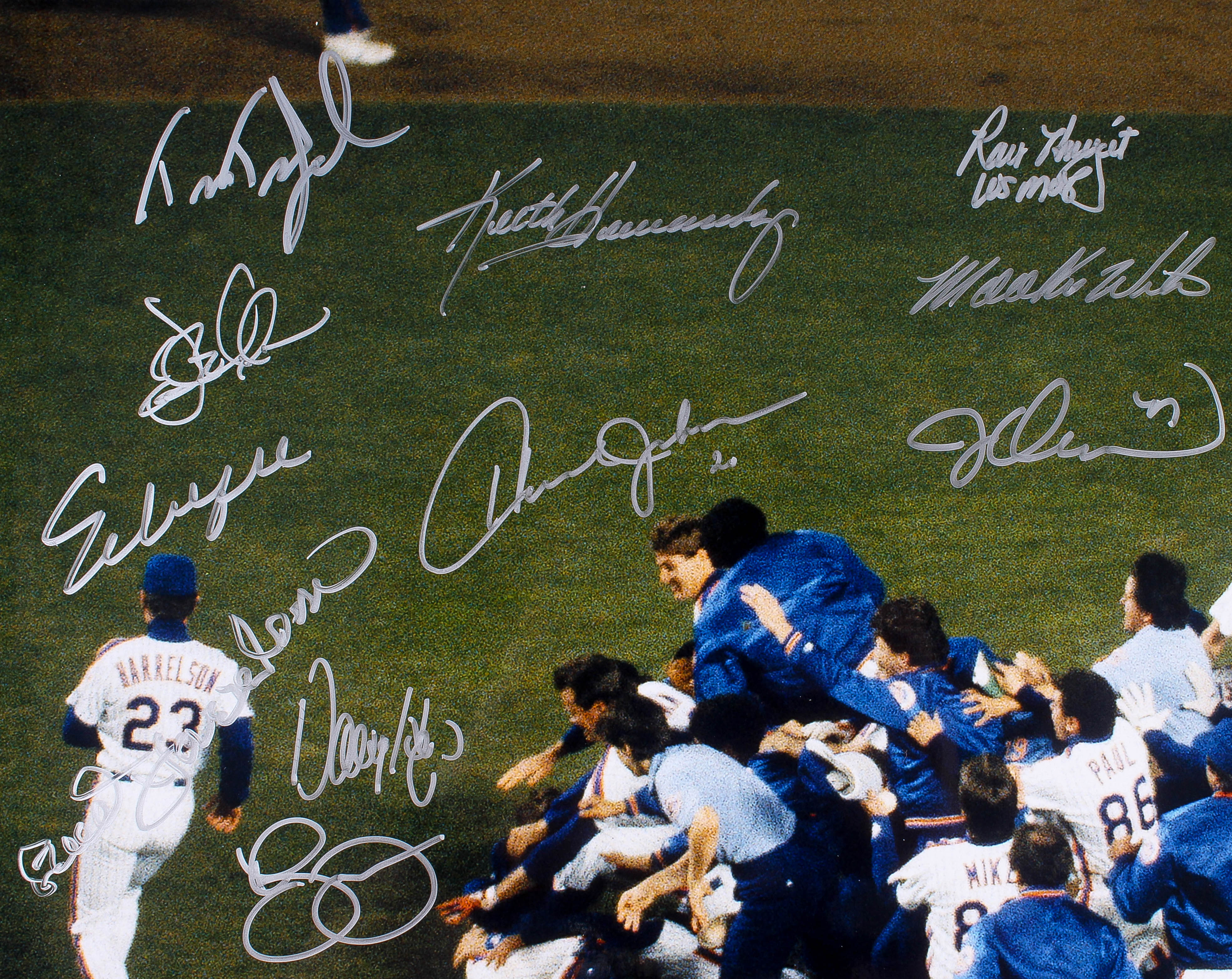 1986 Mets World Series Pile Up 16x20 Team Signed Photo with (27) Signatures Including Dwight Gooden, Lenny Dykstra, Darryl Strawberry, Mookie Wilson, Bud Harrelson, Jesse Orosco (MAB COA) at PristineAuction.com 1986 Mets World Series Pile Up 16x20 Team Signed Photo with (27) Signatures Including Dwight Gooden, Lenny Dykstra, Darryl Strawberry, Mookie Wilson, Bud Harrelson, Jesse Orosco (MAB COA) at PristineAuction.com
