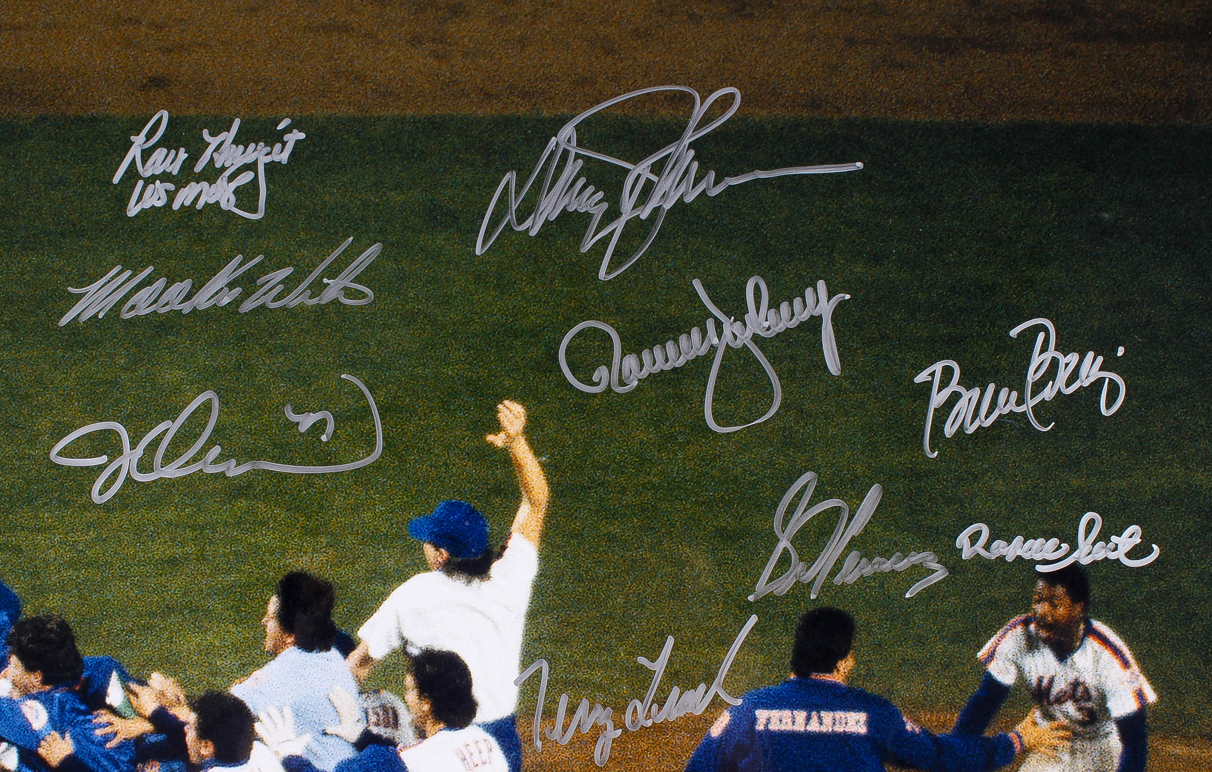 1986 Mets World Series Pile Up 16x20 Team Signed Photo with (27) Signatures Including Dwight Gooden, Lenny Dykstra, Darryl Strawberry, Mookie Wilson, Bud Harrelson, Jesse Orosco (MAB COA) at PristineAuction.com 1986 Mets World Series Pile Up 16x20 Team Signed Photo with (27) Signatures Including Dwight Gooden, Lenny Dykstra, Darryl Strawberry, Mookie Wilson, Bud Harrelson, Jesse Orosco (MAB COA) at PristineAuction.com