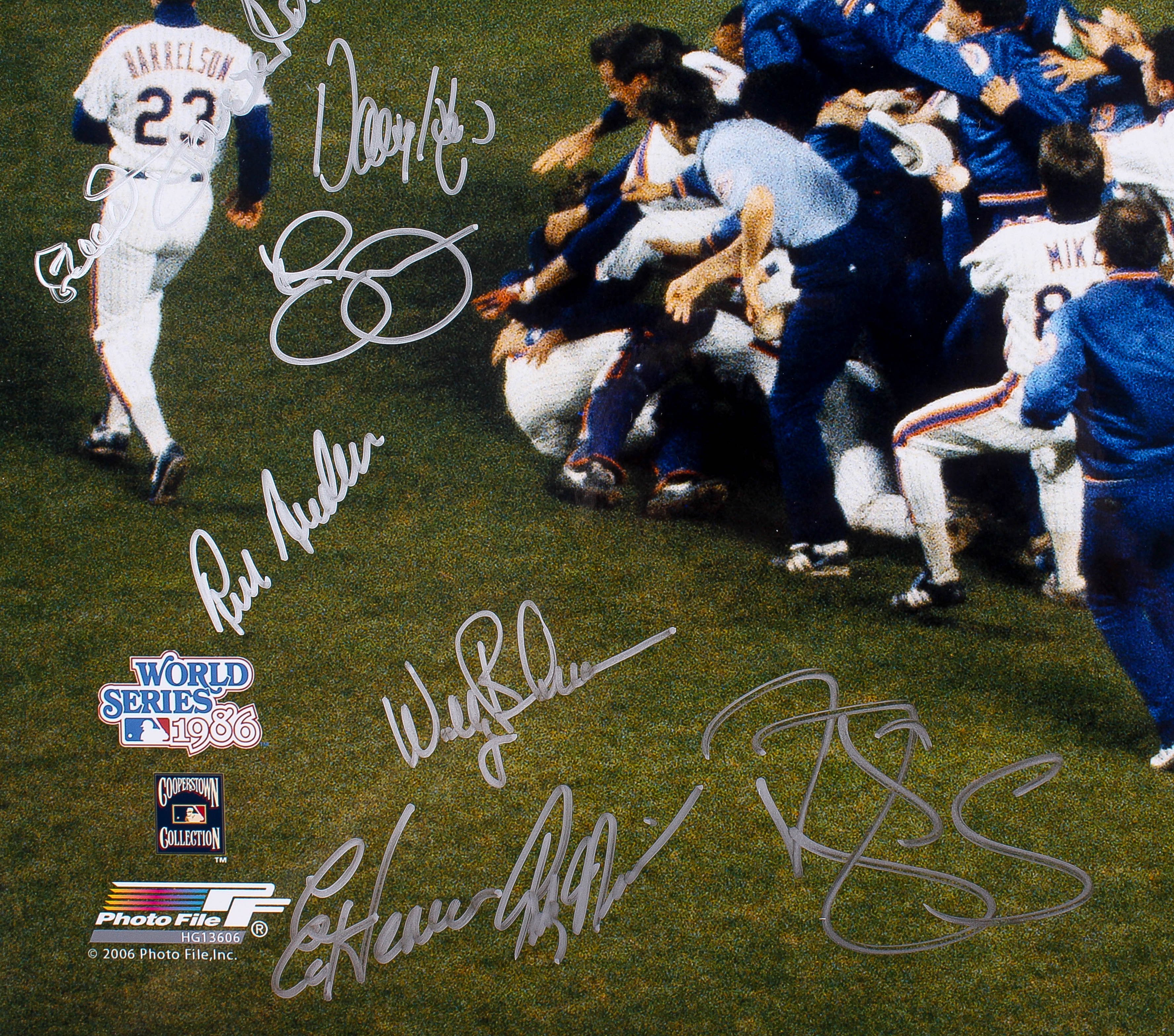 1986 Mets World Series Pile Up 16x20 Team Signed Photo with (27) Signatures Including Dwight Gooden, Lenny Dykstra, Darryl Strawberry, Mookie Wilson, Bud Harrelson, Jesse Orosco (MAB COA) at PristineAuction.com 1986 Mets World Series Pile Up 16x20 Team Signed Photo with (27) Signatures Including Dwight Gooden, Lenny Dykstra, Darryl Strawberry, Mookie Wilson, Bud Harrelson, Jesse Orosco (MAB COA) at PristineAuction.com