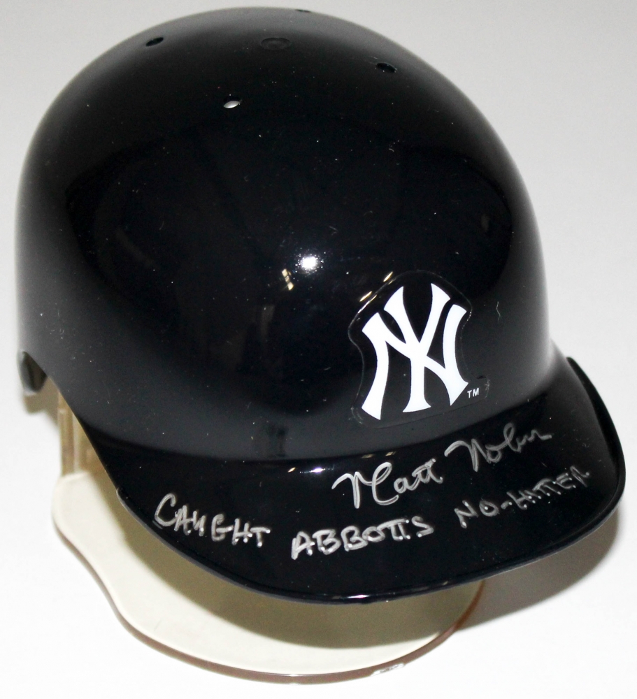 Matt Nokes Signed Yankees MiniHelmet Inscribed "Caught Abbott's No