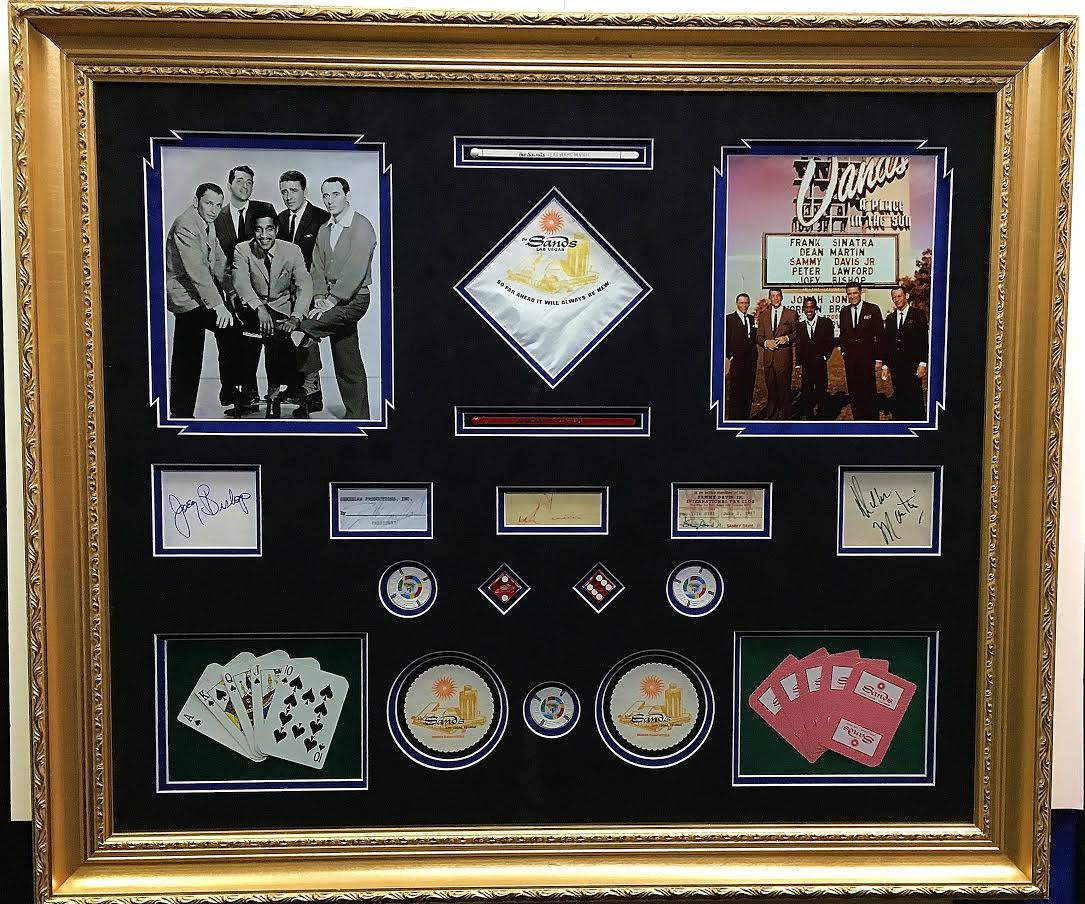 Multi-Signed Rat Pack 32x27 Custom Framed Display with Authentic Sands Las Vegas Memorabilia Signed by (5) with Frank Sinatra, Dean Martin, Sammy Davis Jr., Peter Lawford & Joey Bishop (JSA LOA & COA) at PristineAuction.com Multi-Signed Rat Pack 32x27 Custom Framed Display with Authentic Sands Las Vegas Memorabilia Signed by (5) with Frank Sinatra, Dean Martin, Sammy Davis Jr., Peter Lawford & Joey Bishop (JSA LOA & COA) at PristineAuction.com