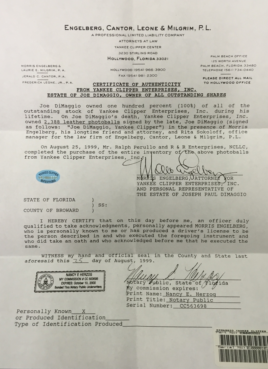 Joe DiMaggio Signed OL Joe DiMaggio Yankees Logo Baseball Inscribed "Yankee Clipper" (DiMaggio Enterprises COA) at PristineAuction.com Joe DiMaggio Signed OL Joe DiMaggio Yankees Logo Baseball Inscribed "Yankee Clipper" (DiMaggio Enterprises COA) at PristineAuction.com