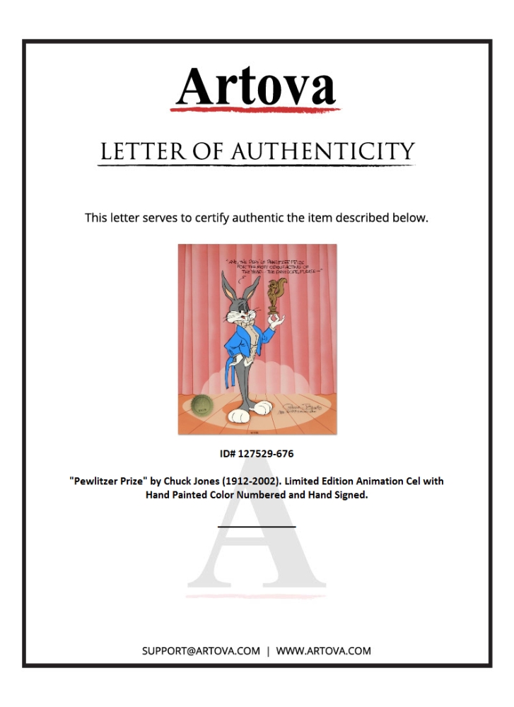 "Pewlitzer Prize" Sold Out LE 10x12 Animation Cel with Hand-Painted Coloring by Chuck Jones (Artova) at PristineAuction.com "Pewlitzer Prize" Sold Out LE 10x12 Animation Cel with Hand-Painted Coloring by Chuck Jones (Artova) at PristineAuction.com