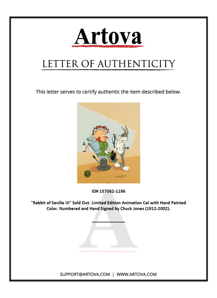 "Rabbit of Seville III" Sold Out LE 13x16 Animation Cel with Hand-Painted Coloring by Chuck Jones (Artova) at PristineAuction.com "Rabbit of Seville III" Sold Out LE 13x16 Animation Cel with Hand-Painted Coloring by Chuck Jones (Artova) at PristineAuction.com