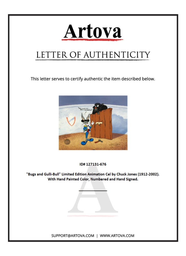 "Bugs and Gulli-Bull" LE 16x13 Animation Cel with Hand-Painted Color by Chuck Jones (Artova) at PristineAuction.com "Bugs and Gulli-Bull" LE 16x13 Animation Cel with Hand-Painted Color by Chuck Jones (Artova) at PristineAuction.com