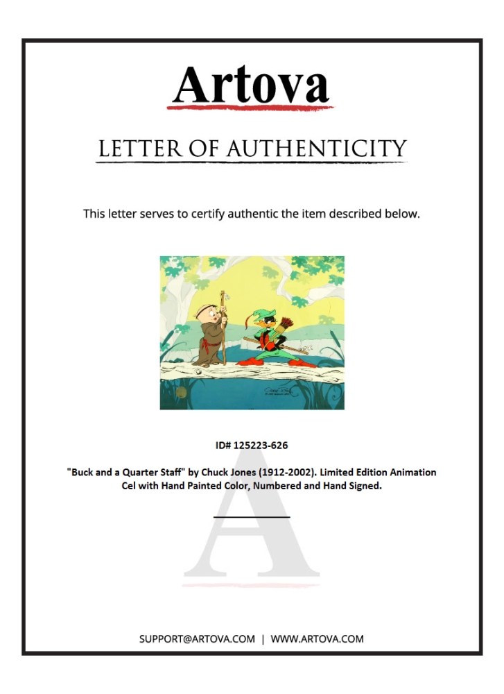 "Buck and a Quarter Staff" Sold Out LE 13x16 Animation Cel with Hand-Painted Coloring by Chuck Jones (Artova) at PristineAuction.com "Buck and a Quarter Staff" Sold Out LE 13x16 Animation Cel with Hand-Painted Coloring by Chuck Jones (Artova) at PristineAuction.com