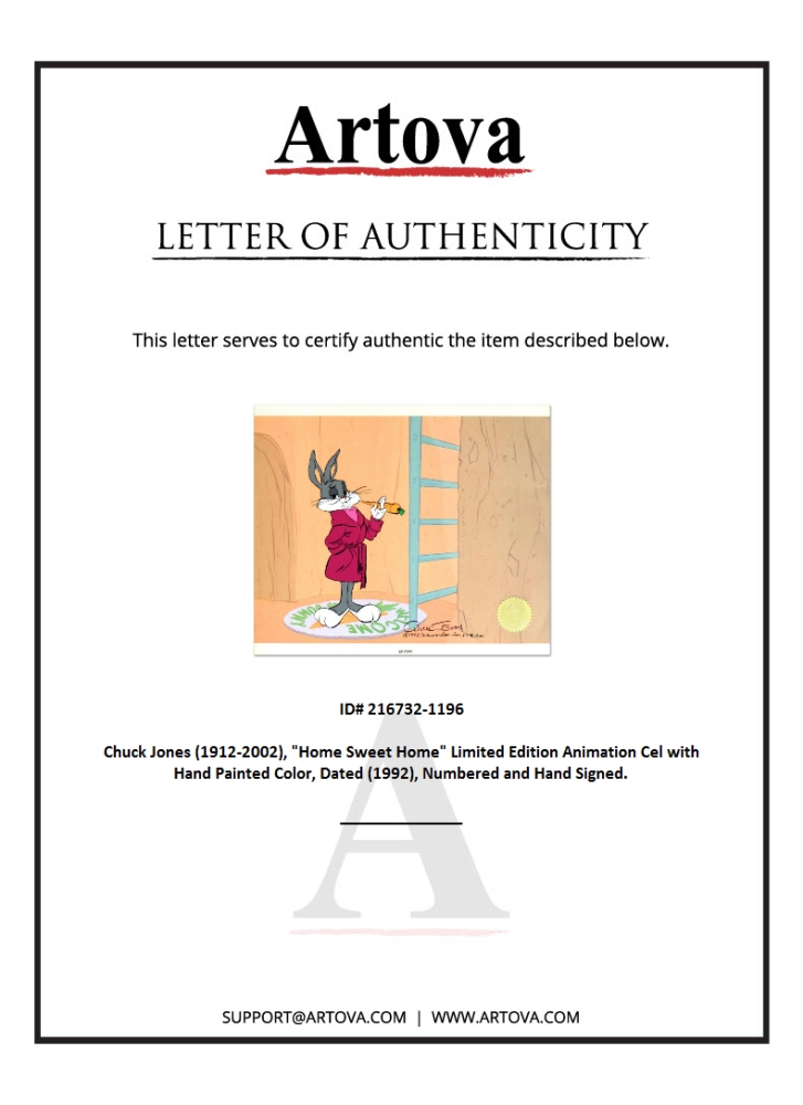 "Home Sweet Home" Sold Out LE 12x10 Animation Cel with Hand-Painted Color by Chuck Jones (Artova) at PristineAuction.com "Home Sweet Home" Sold Out LE 12x10 Animation Cel with Hand-Painted Color by Chuck Jones (Artova) at PristineAuction.com