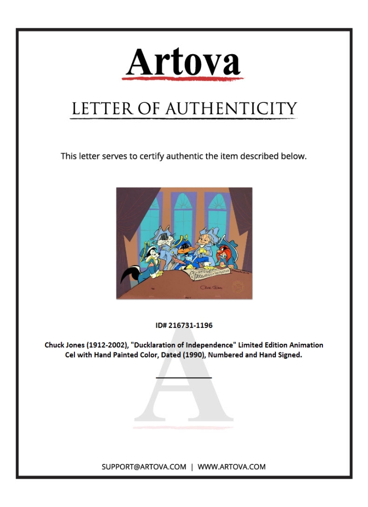 "Ducklaration" Sold Out LE 16x13 Animation Cel with Hand-Painted Color by Chuck Jones (Artova) at PristineAuction.com "Ducklaration" Sold Out LE 16x13 Animation Cel with Hand-Painted Color by Chuck Jones (Artova) at PristineAuction.com