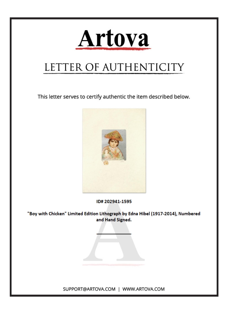 "Boy with Chicken" LE 20x27 Lithograph on Rice Paper by Edna Hibel (Artova) at PristineAuction.com "Boy with Chicken" LE 20x27 Lithograph on Rice Paper by Edna Hibel (Artova) at PristineAuction.com