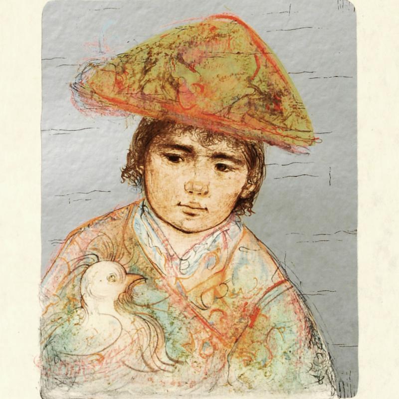 "Boy with Chicken" LE 20x27 Lithograph on Rice Paper by Edna Hibel (Artova) at PristineAuction.com "Boy with Chicken" LE 20x27 Lithograph on Rice Paper by Edna Hibel (Artova) at PristineAuction.com