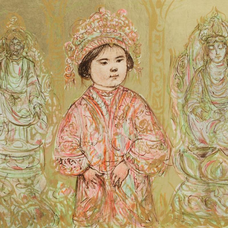 "Willie and Two Quan Yins" LE 21x13 Lithograph by Edna Hibel (Artova) at PristineAuction.com "Willie and Two Quan Yins" LE 21x13 Lithograph by Edna Hibel (Artova) at PristineAuction.com