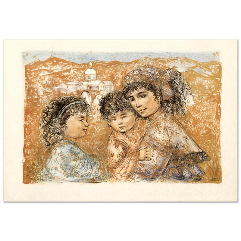 "Zalina with Aries and Ande" LE 35x25 Lithograph on Rice Paper by Edna Hibel (Artova) at PristineAuction.com "Zalina with Aries and Ande" LE 35x25 Lithograph on Rice Paper by Edna Hibel (Artova) at PristineAuction.com
