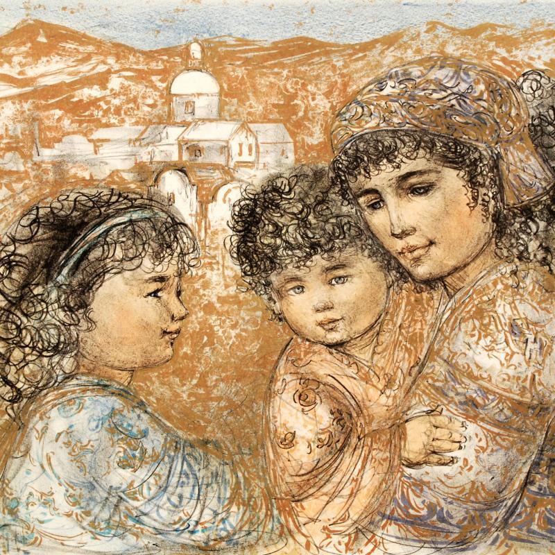 "Zalina with Aries and Ande" LE 35x25 Lithograph on Rice Paper by Edna Hibel (Artova) at PristineAuction.com "Zalina with Aries and Ande" LE 35x25 Lithograph on Rice Paper by Edna Hibel (Artova) at PristineAuction.com