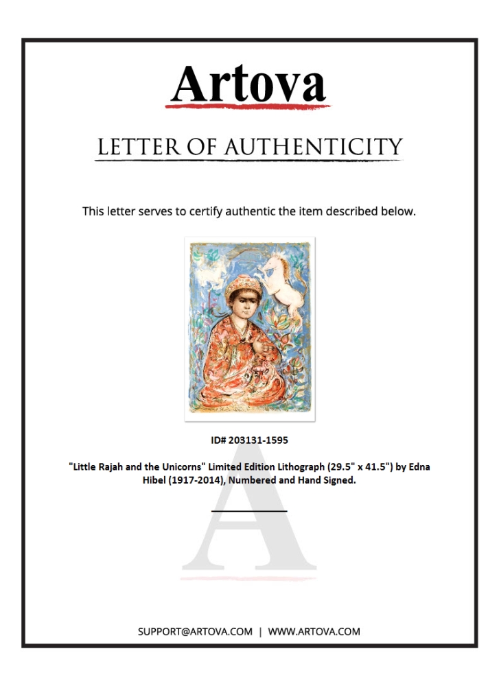 "Little Rajah and the Unicorns" LE 31x45 Lithograph by Edna Hibel (Artova) at PristineAuction.com "Little Rajah and the Unicorns" LE 31x45 Lithograph by Edna Hibel (Artova) at PristineAuction.com