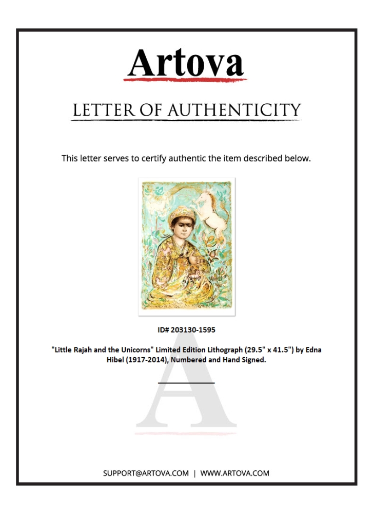 "Little Rajah and the Unicorns" LE 31x45 Lithograph by Edna Hibel (Artova) at PristineAuction.com "Little Rajah and the Unicorns" LE 31x45 Lithograph by Edna Hibel (Artova) at PristineAuction.com