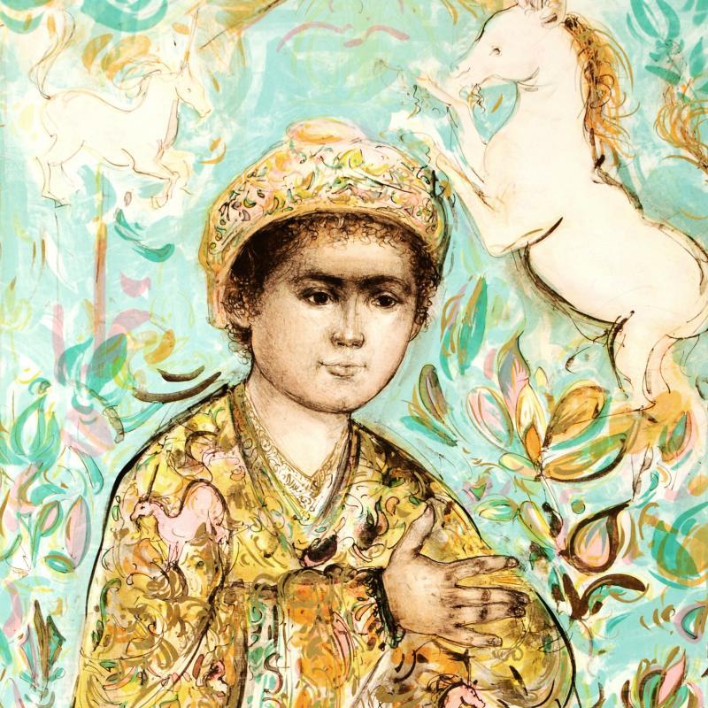 "Little Rajah and the Unicorns" LE 31x45 Lithograph by Edna Hibel (Artova) at PristineAuction.com "Little Rajah and the Unicorns" LE 31x45 Lithograph by Edna Hibel (Artova) at PristineAuction.com
