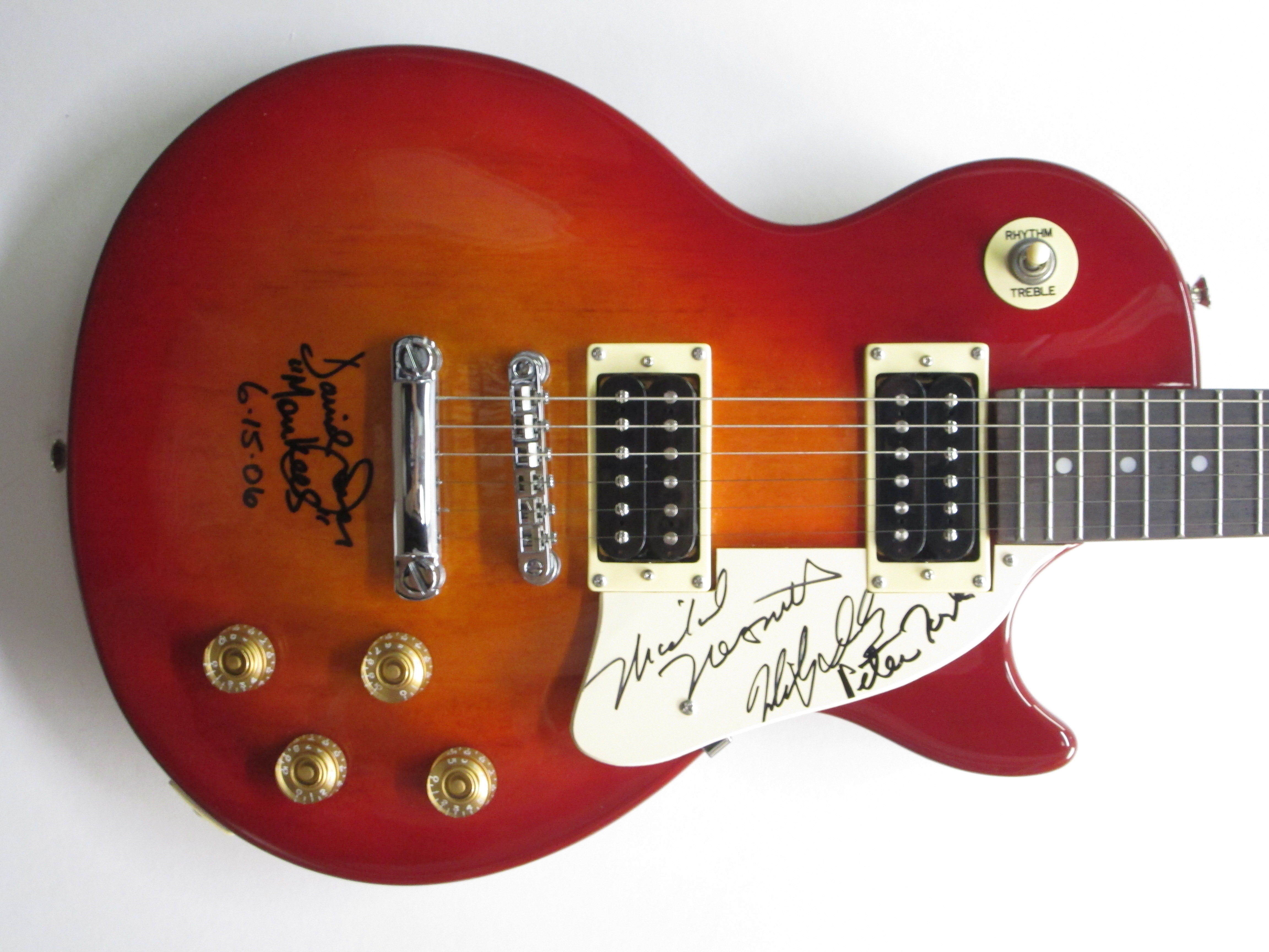 "The Monkees" Multi-Signed Epiphone Les Paul Full-Size Electric Guitar Signed by (4) with Davy Jones, Michael Nesmith, Peter Tork & Micky Dolenz Dated "6-15-06" (JSA LOA) at PristineAuction.com "The Monkees" Multi-Signed Epiphone Les Paul Full-Size Electric Guitar Signed by (4) with Davy Jones, Michael Nesmith, Peter Tork & Micky Dolenz Dated "6-15-06" (JSA LOA) at PristineAuction.com