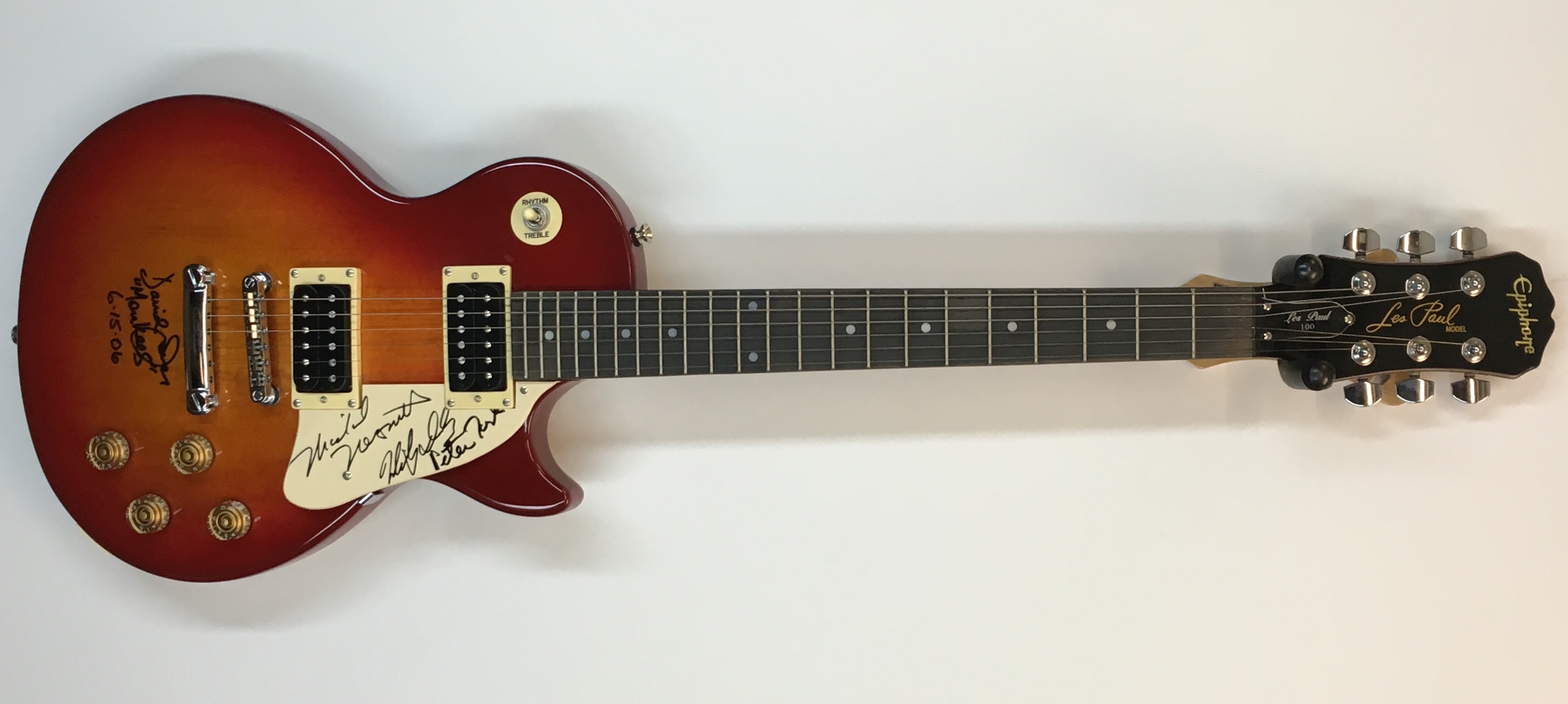 "The Monkees" Multi-Signed Epiphone Les Paul Full-Size Electric Guitar Signed by (4) with Davy Jones, Michael Nesmith, Peter Tork & Micky Dolenz Dated "6-15-06" (JSA LOA) at PristineAuction.com "The Monkees" Multi-Signed Epiphone Les Paul Full-Size Electric Guitar Signed by (4) with Davy Jones, Michael Nesmith, Peter Tork & Micky Dolenz Dated "6-15-06" (JSA LOA) at PristineAuction.com