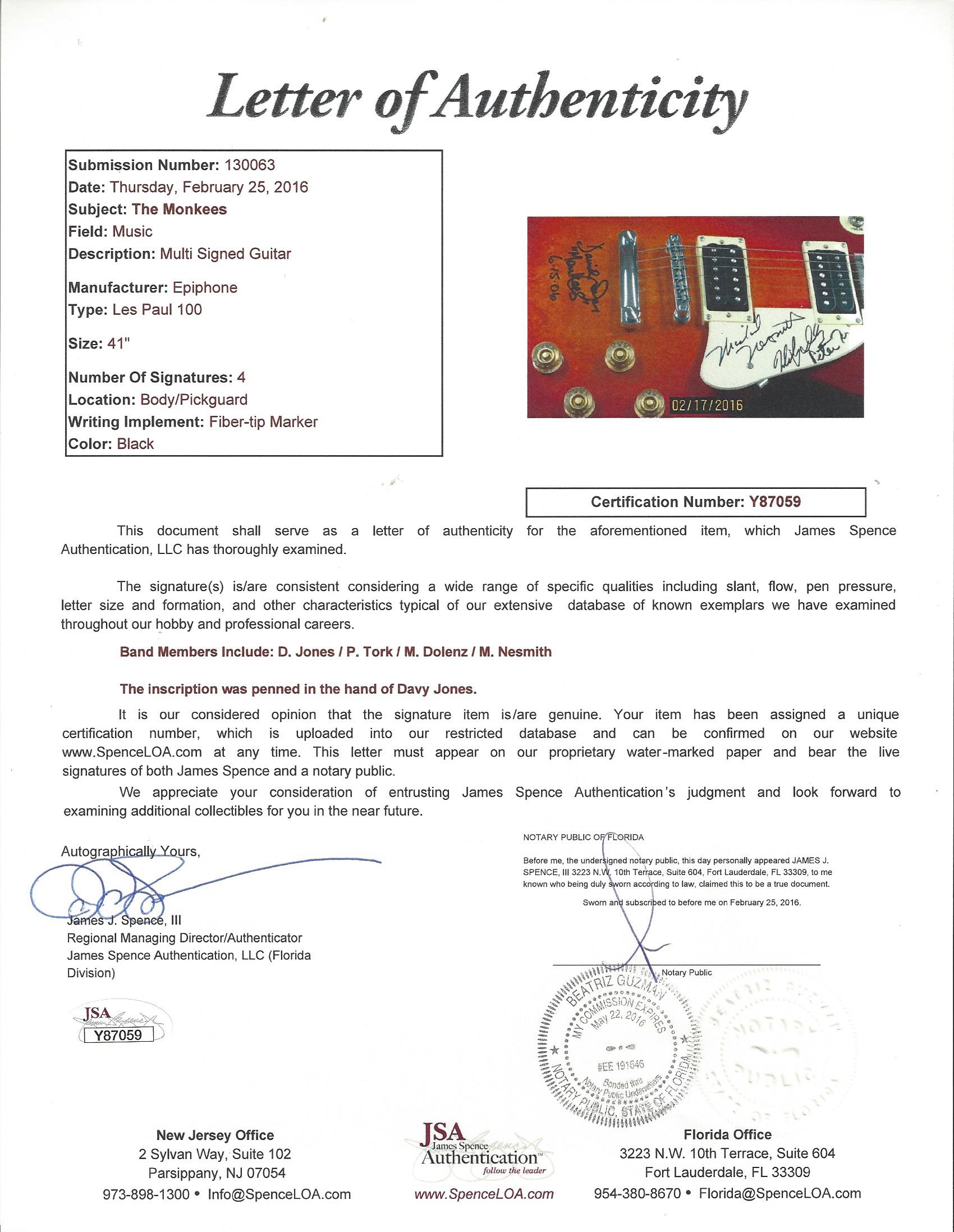 "The Monkees" Multi-Signed Epiphone Les Paul Full-Size Electric Guitar Signed by (4) with Davy Jones, Michael Nesmith, Peter Tork & Micky Dolenz Dated "6-15-06" (JSA LOA) at PristineAuction.com "The Monkees" Multi-Signed Epiphone Les Paul Full-Size Electric Guitar Signed by (4) with Davy Jones, Michael Nesmith, Peter Tork & Micky Dolenz Dated "6-15-06" (JSA LOA) at PristineAuction.com