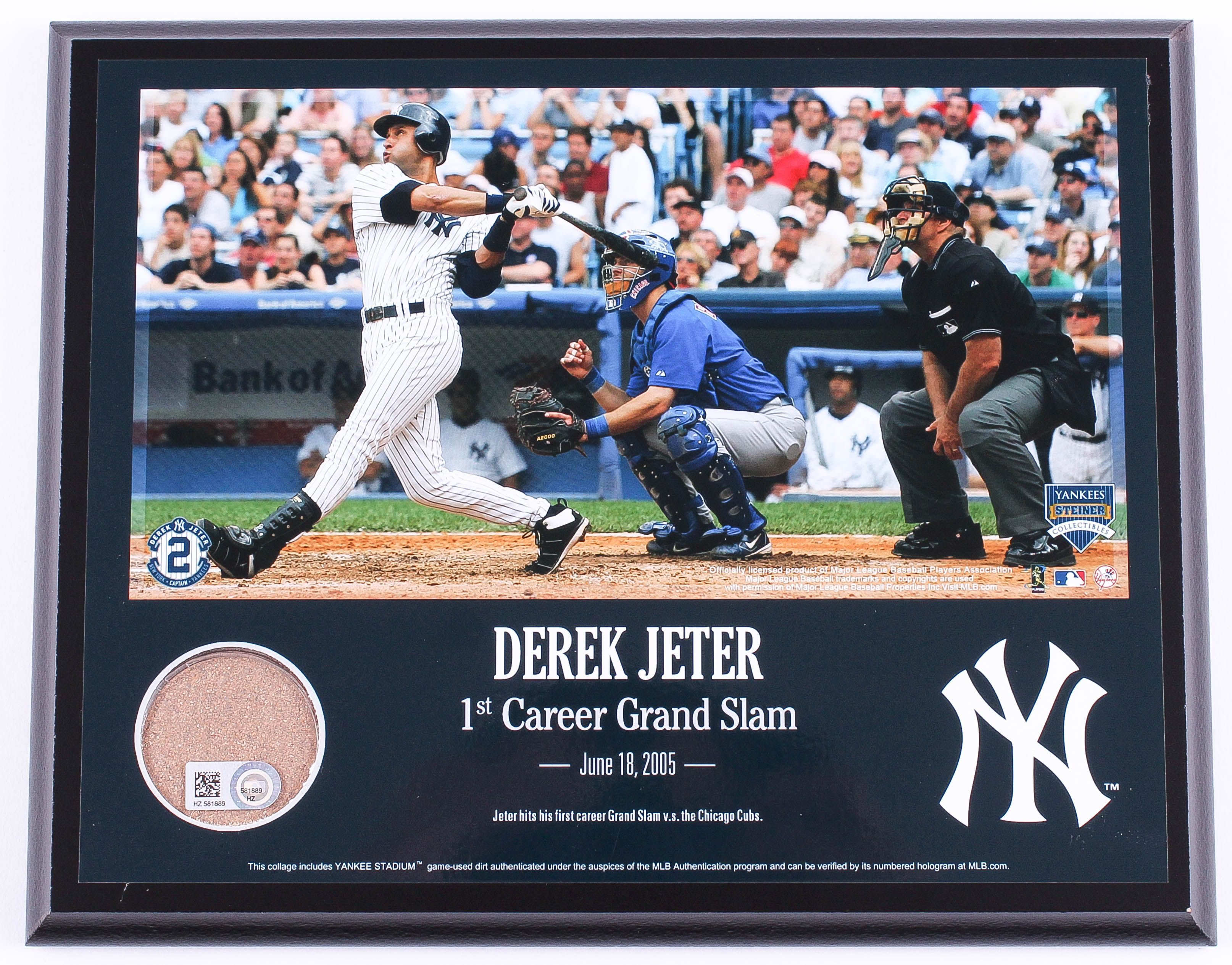 Derek Jeter Yankees 8x10 Photo Plaque with Game-Used Yankees Stadium Dirt (Steiner COA & MLB Hologram) at PristineAuction.com Derek Jeter Yankees 8x10 Photo Plaque with Game-Used Yankees Stadium Dirt (Steiner COA & MLB Hologram) at PristineAuction.com