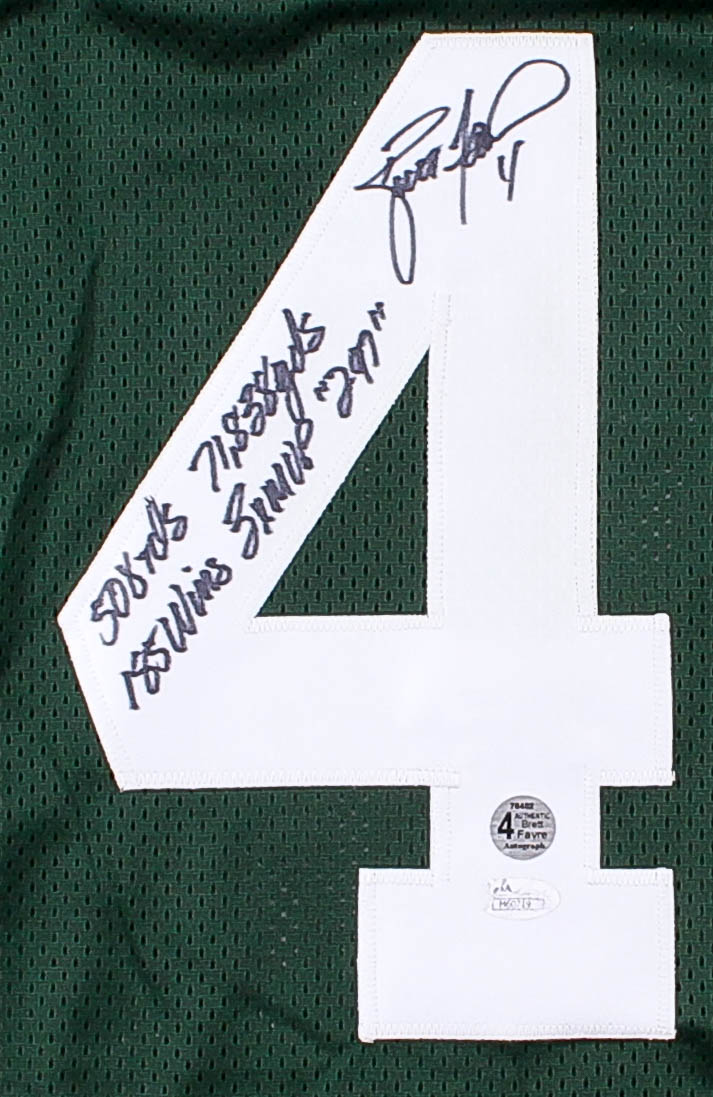 Brett Favre Signed Packers Jersey With (5) Career Stat Inscriptions (Favre COA & JSA COA) at PristineAuction.com Brett Favre Signed Packers Jersey With (5) Career Stat Inscriptions (Favre COA & JSA COA) at PristineAuction.com