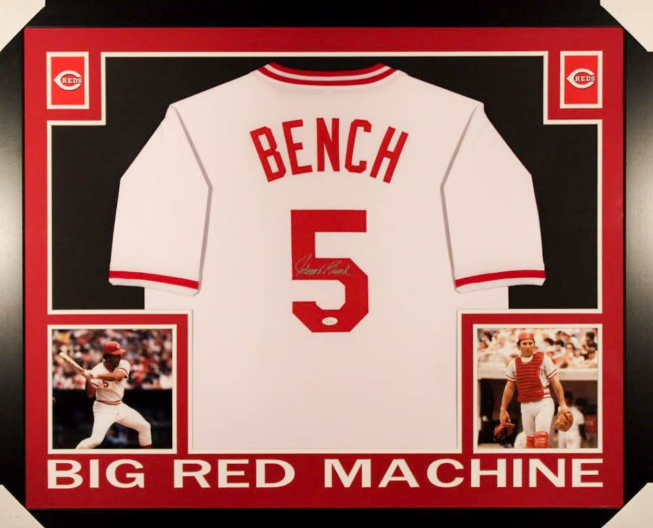 Johnny Bench Signed Reds 35x43 Custom Framed Jersey (JSA COA) at PristineAuction.com Johnny Bench Signed Reds 35x43 Custom Framed Jersey (JSA COA) at PristineAuction.com