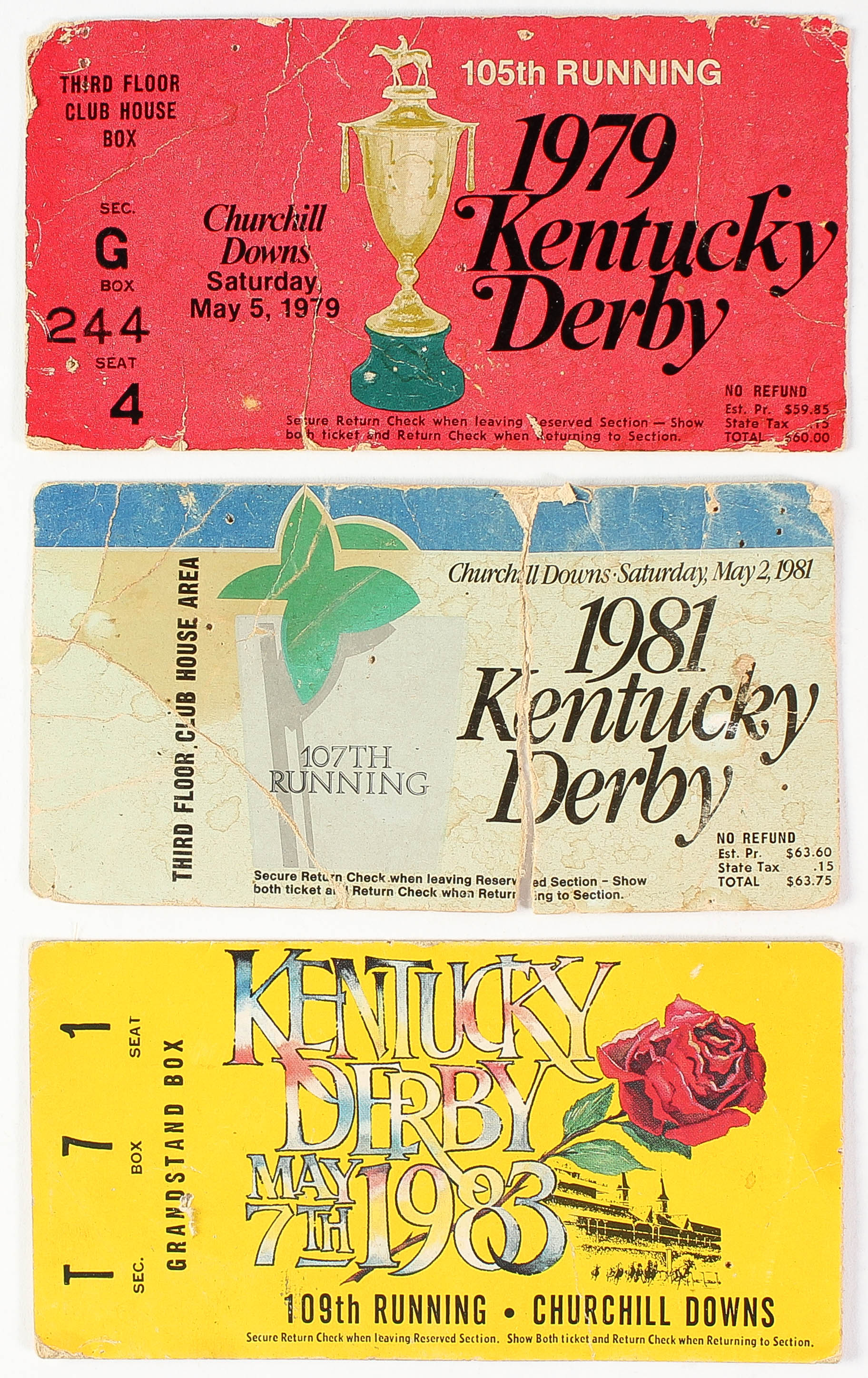Lot of (3) Vintage Kentucky Derby Tickets Including 1979, 1981 & 1983 at PristineAuction.com Lot of (3) Vintage Kentucky Derby Tickets Including 1979, 1981 & 1983 at PristineAuction.com