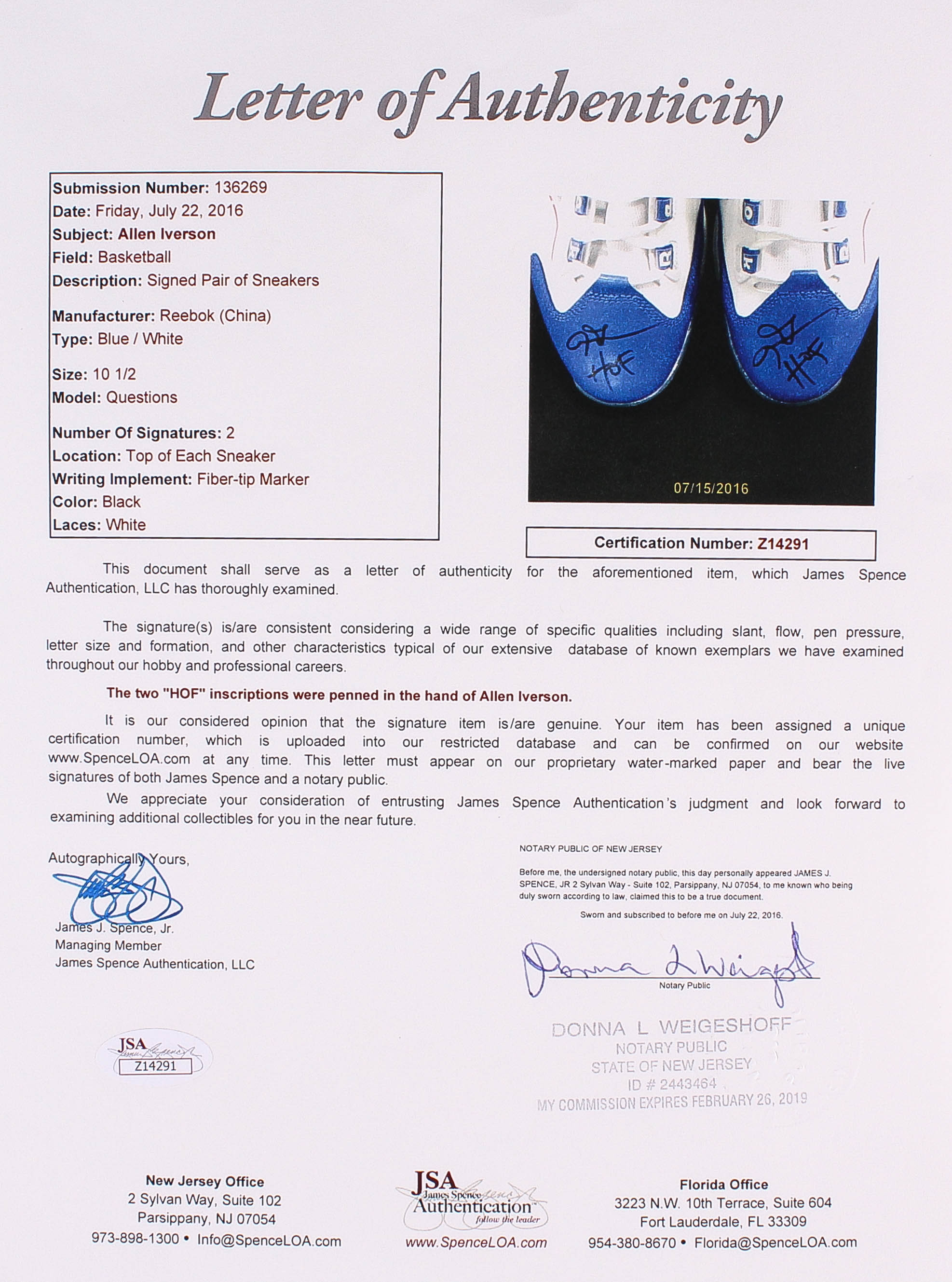 Allen Iverson Signed Reebok Basketball Shoes Inscribed "HOF" (JSA LOA & Iverson Hologram) at PristineAuction.com Allen Iverson Signed Reebok Basketball Shoes Inscribed "HOF" (JSA LOA & Iverson Hologram) at PristineAuction.com