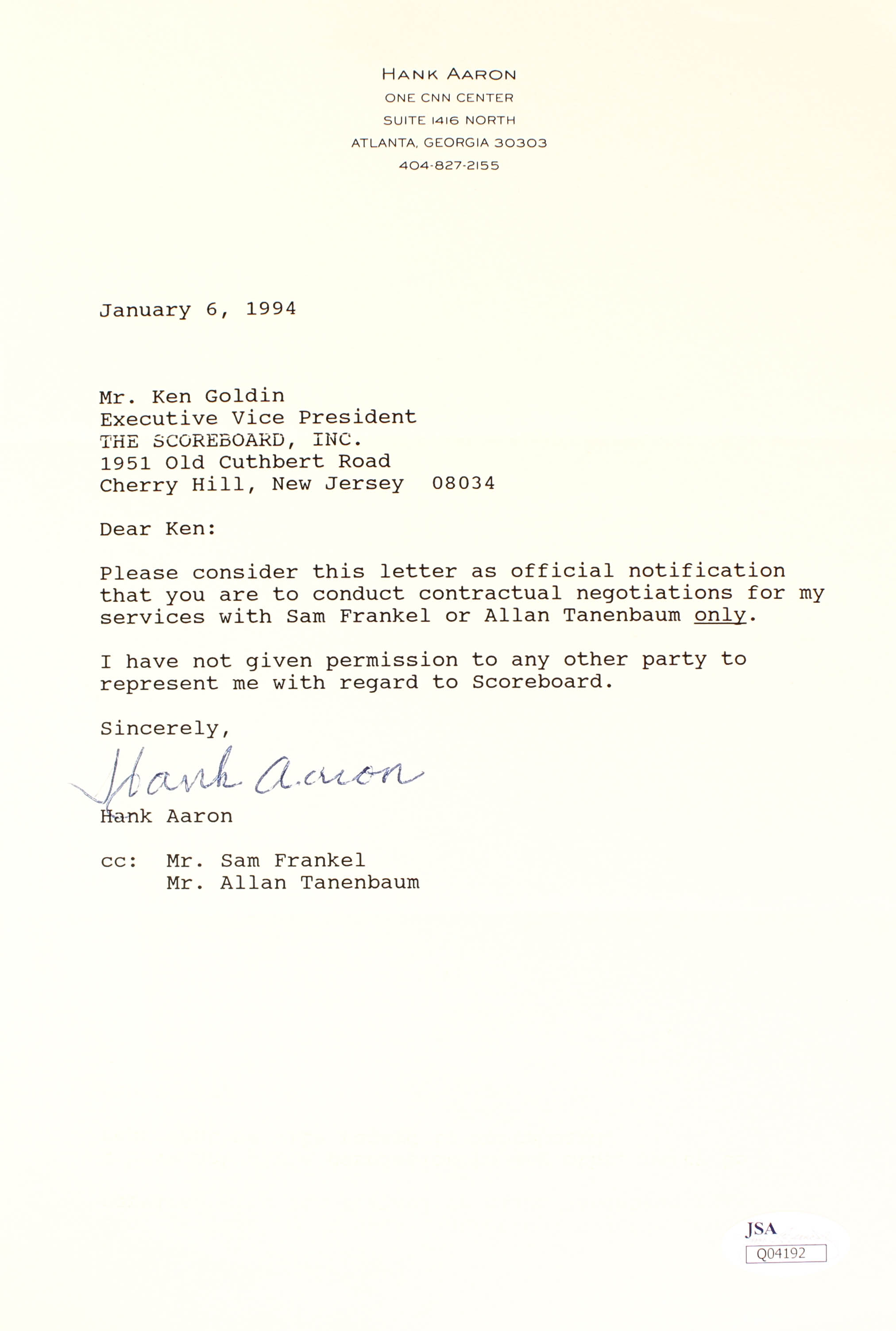 Hank Aaron Signed Vintage 1994 Typed Letter (JSA COA) at PristineAuction.com