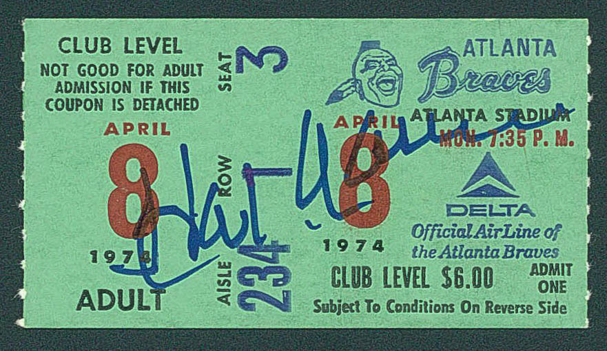 Hank Aaron Signed Braves 1974 Ticket Stub from 715th Home Run Game (JSA LOA) at PristineAuction.com Hank Aaron Signed Braves 1974 Ticket Stub from 715th Home Run Game (JSA LOA) at PristineAuction.com