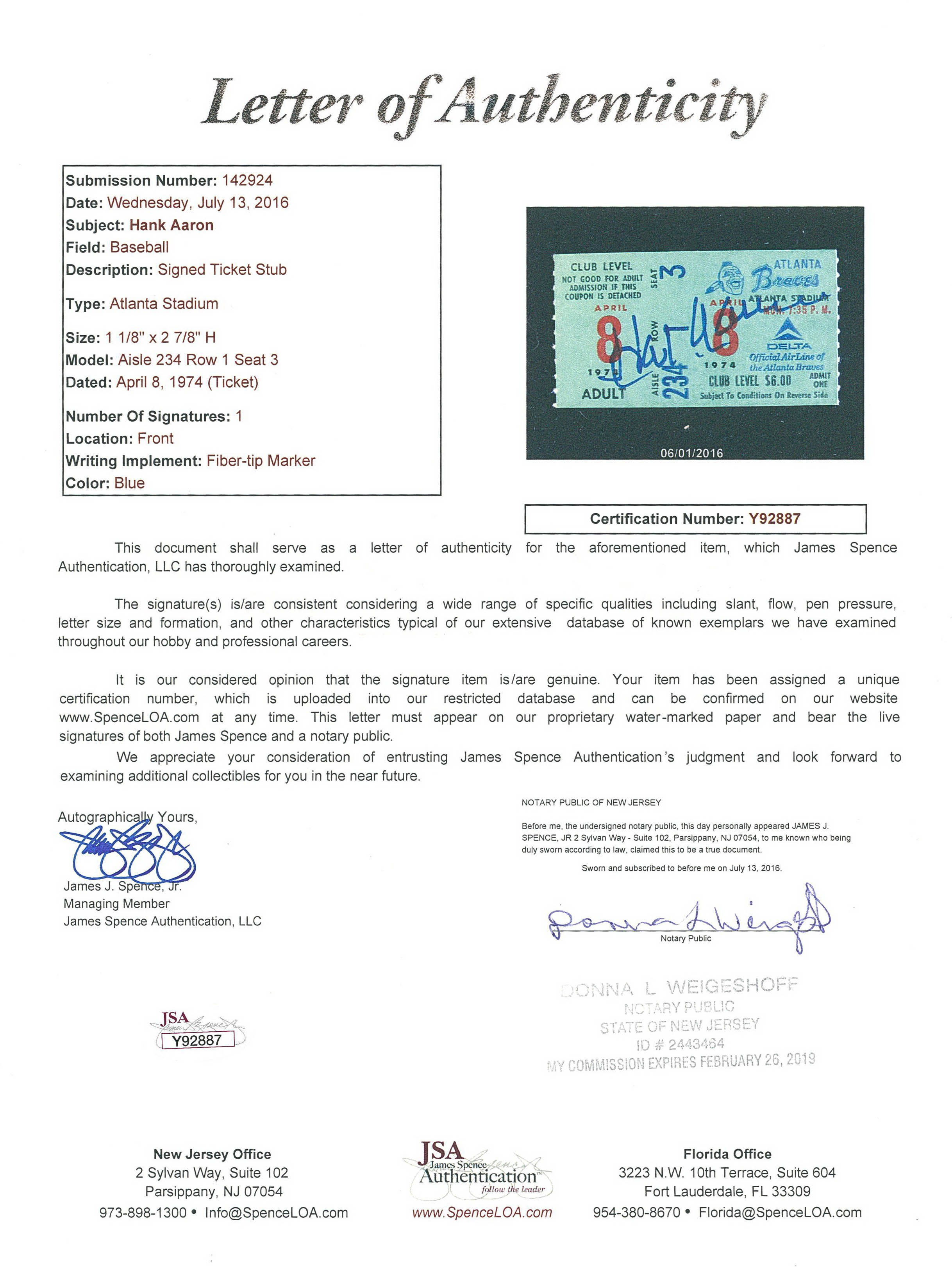 Hank Aaron Signed Braves 1974 Ticket Stub from 715th Home Run Game (JSA LOA) at PristineAuction.com Hank Aaron Signed Braves 1974 Ticket Stub from 715th Home Run Game (JSA LOA) at PristineAuction.com