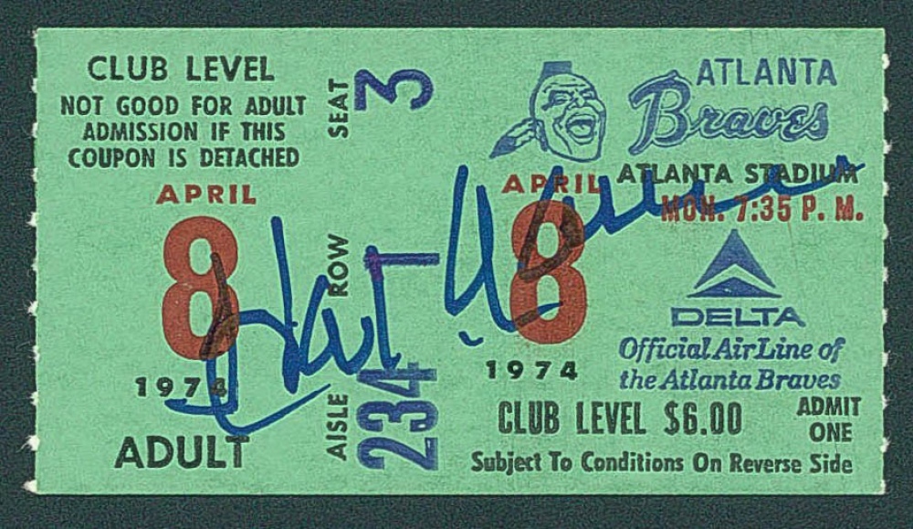Hank Aaron Signed Braves 1974 Ticket Stub from 715th Home Run Game (JSA
