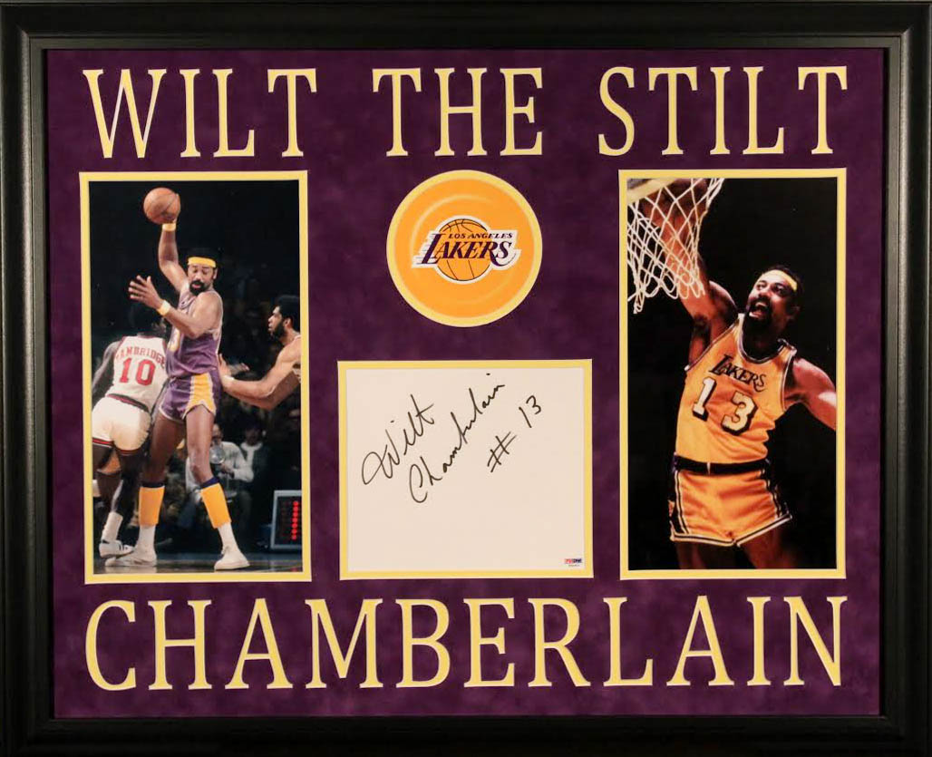 Wilt Chamberlain Signed Lakers 27x33 Custom Framed Cut Display (PSA LOA) at PristineAuction.com Wilt Chamberlain Signed Lakers 27x33 Custom Framed Cut Display (PSA LOA) at PristineAuction.com