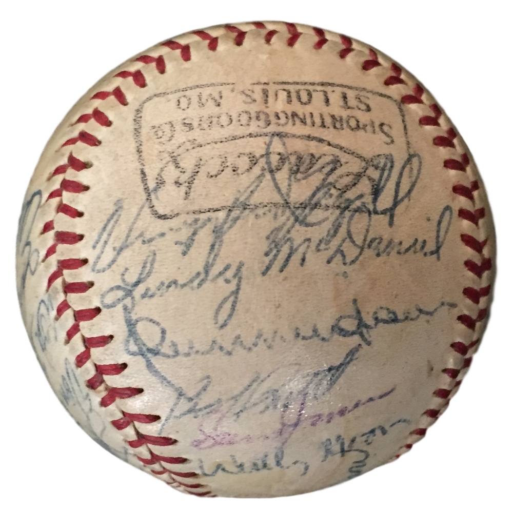 1957 St. Louis Cardinals Team Signed Baseball with (25) Signatures Including Stan Musial, Red Schoendienst, Billy Muffett, Lloyd Merritt, Wally Moon (JSA LOA) at PristineAuction.com 1957 St. Louis Cardinals Team Signed Baseball with (25) Signatures Including Stan Musial, Red Schoendienst, Billy Muffett, Lloyd Merritt, Wally Moon (JSA LOA) at PristineAuction.com