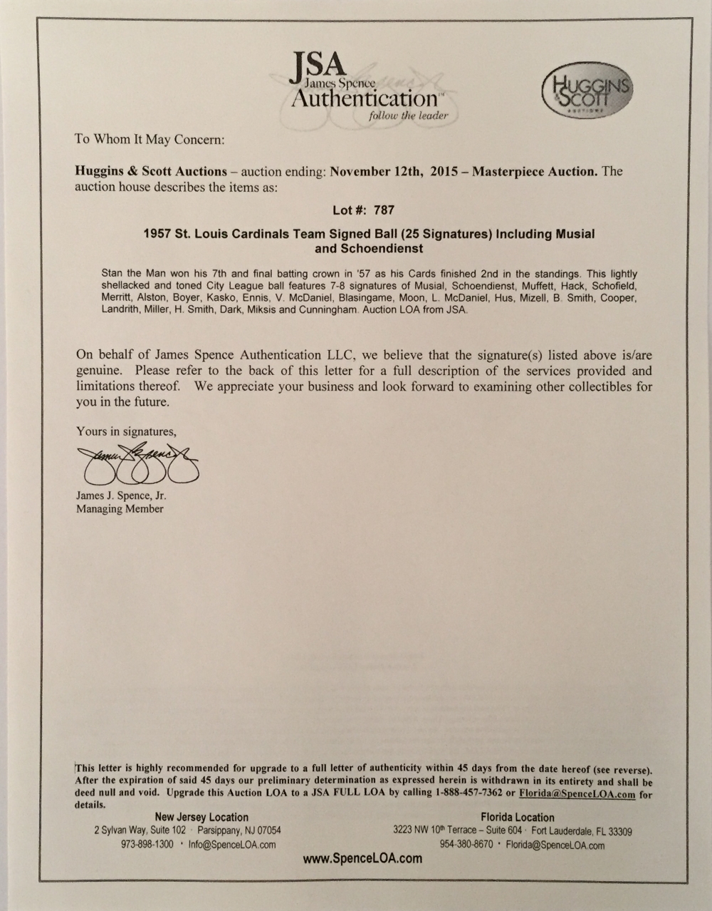 1957 St. Louis Cardinals Team Signed Baseball with (25) Signatures Including Stan Musial, Red Schoendienst, Billy Muffett, Lloyd Merritt, Wally Moon (JSA LOA) at PristineAuction.com 1957 St. Louis Cardinals Team Signed Baseball with (25) Signatures Including Stan Musial, Red Schoendienst, Billy Muffett, Lloyd Merritt, Wally Moon (JSA LOA) at PristineAuction.com