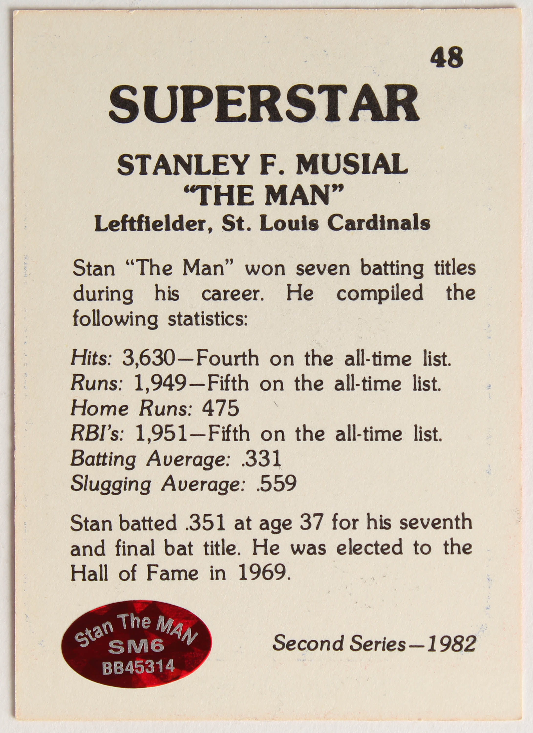 Stan Musial Signed 1982 Trading Card (Stan the Man COA) at PristineAuction.com Stan Musial Signed 1982 Trading Card (Stan the Man COA) at PristineAuction.com