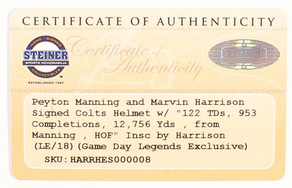 Peyton Manning & Marvin Harrison Signed LE Colts Full-Size Authentic Pro-Line Speed Helmet With (4) Inscriptions With Custom Curve Display Case (Steiner COA & Fanatics Hologram) at PristineAuction.com Peyton Manning & Marvin Harrison Signed LE Colts Full-Size Authentic Pro-Line Speed Helmet With (4) Inscriptions With Custom Curve Display Case (Steiner COA & Fanatics Hologram) at PristineAuction.com