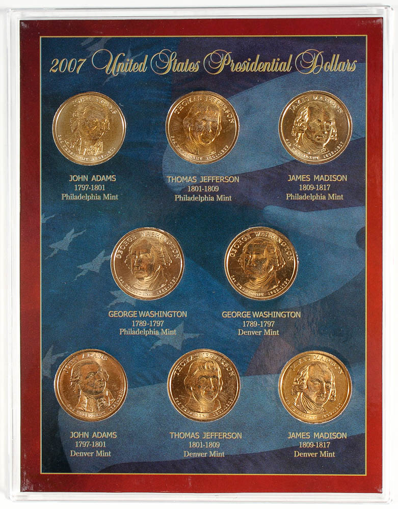 2007 United States Presidential Dollars Commemorative Gallery Set with Wooden Display Case at PristineAuction.com 2007 United States Presidential Dollars Commemorative Gallery Set with Wooden Display Case at PristineAuction.com