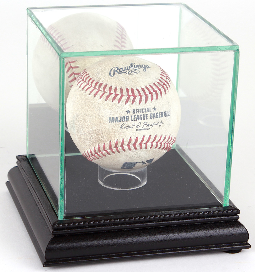 Premium Single Baseball Glass Display Case with Black Suede & Black Wood Base & Mirrored Back at PristineAuction.com Premium Single Baseball Glass Display Case with Black Suede & Black Wood Base & Mirrored Back at PristineAuction.com
