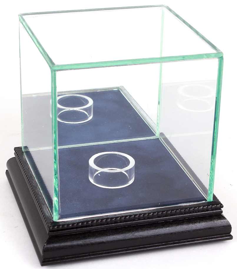 Premium Single Baseball Glass Display Case with Blue Suede & Black Wood Base & Mirrored Back at PristineAuction.com Premium Single Baseball Glass Display Case with Blue Suede & Black Wood Base & Mirrored Back at PristineAuction.com