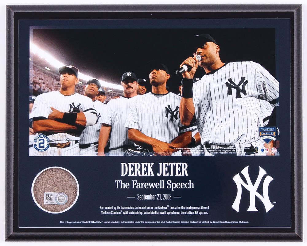 Derek Jeter Moments: 'The Farewell Speech' 8x10 Photo Plaque with Game-Used Yankee Stadium Dirt (Steiner COA & MLB Hologram) at PristineAuction.com Derek Jeter Moments: 'The Farewell Speech' 8x10 Photo Plaque with Game-Used Yankee Stadium Dirt (Steiner COA & MLB Hologram) at PristineAuction.com