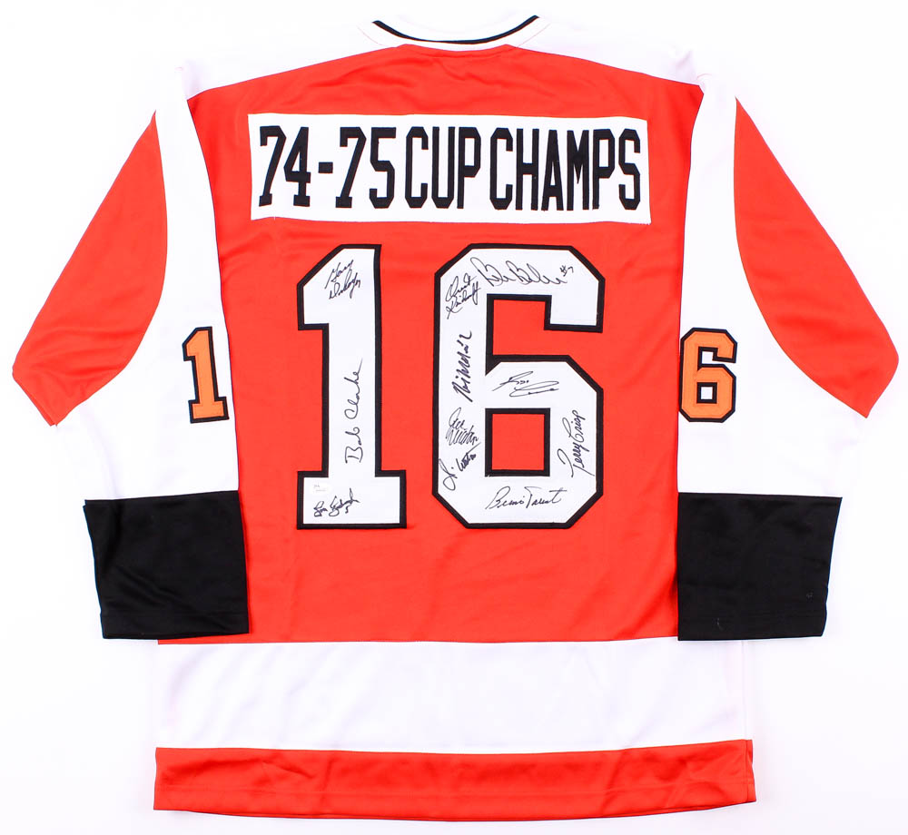 Multi-Signed Flyers "74-75 Cup Champs" Jersey with (11) Signatures Including Bobby Clark, Bill Barber, Bernie Parent (JSA COA) at PristineAuction.com Multi-Signed Flyers "74-75 Cup Champs" Jersey with (11) Signatures Including Bobby Clark, Bill Barber, Bernie Parent (JSA COA) at PristineAuction.com