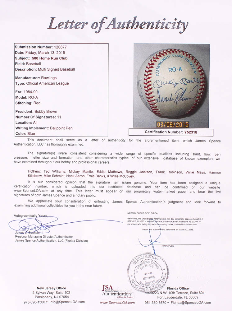 500 Home Run Club Hall of Famers Multi-Signed OAL Baseball Signed by (11) with Ted Williams, Mickey Mantle, Eddie Mathews, Frank Robinson, Willie Mays, Harmon Killebrew (JSA LOA) at PristineAuction.com 500 Home Run Club Hall of Famers Multi-Signed OAL Baseball Signed by (11) with Ted Williams, Mickey Mantle, Eddie Mathews, Frank Robinson, Willie Mays, Harmon Killebrew (JSA LOA) at PristineAuction.com