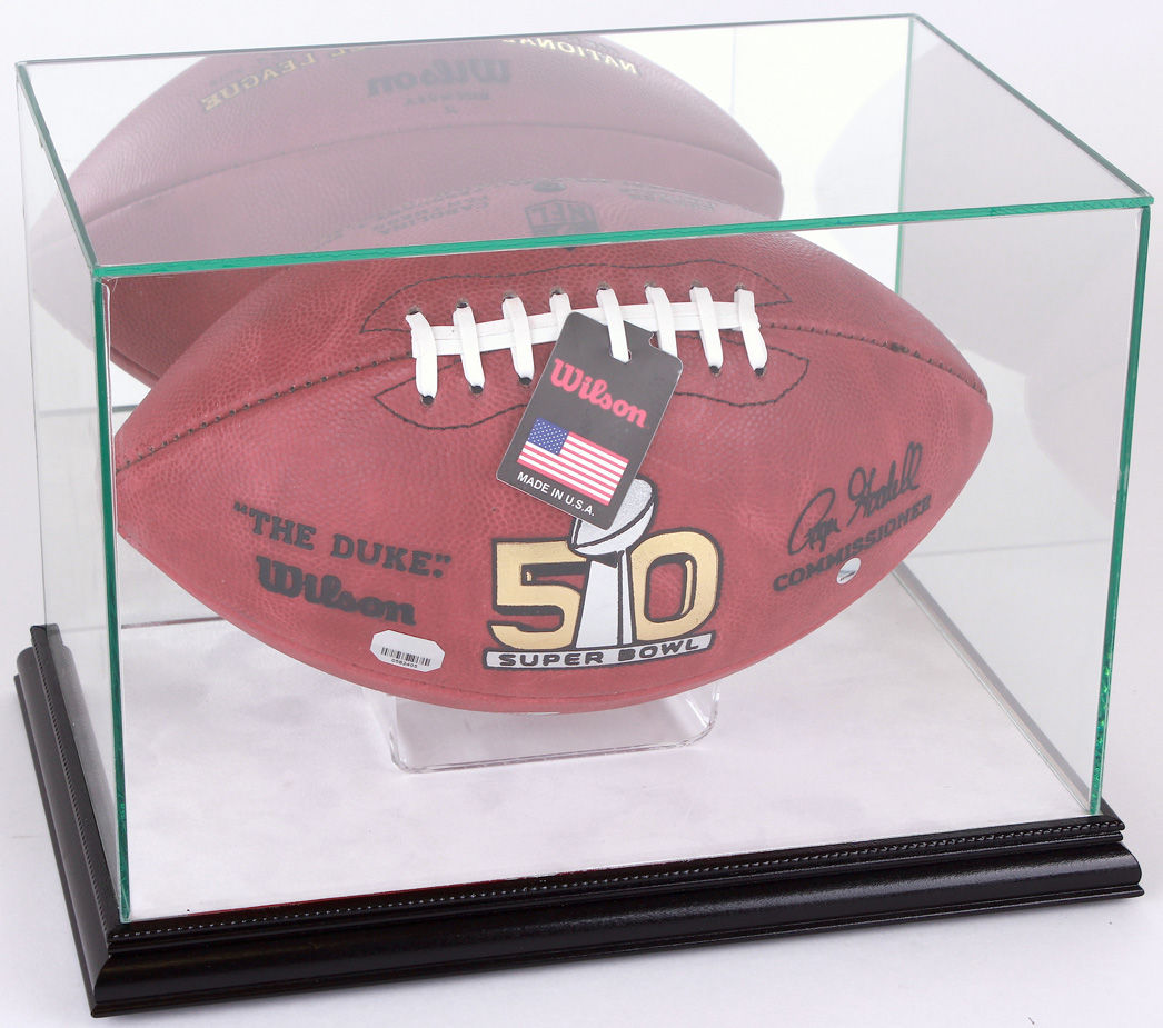 Premium Rectangle Football Display Case with Mirrored Back, White Suede & Black Wood Base at PristineAuction.com Premium Rectangle Football Display Case with Mirrored Back, White Suede & Black Wood Base at PristineAuction.com