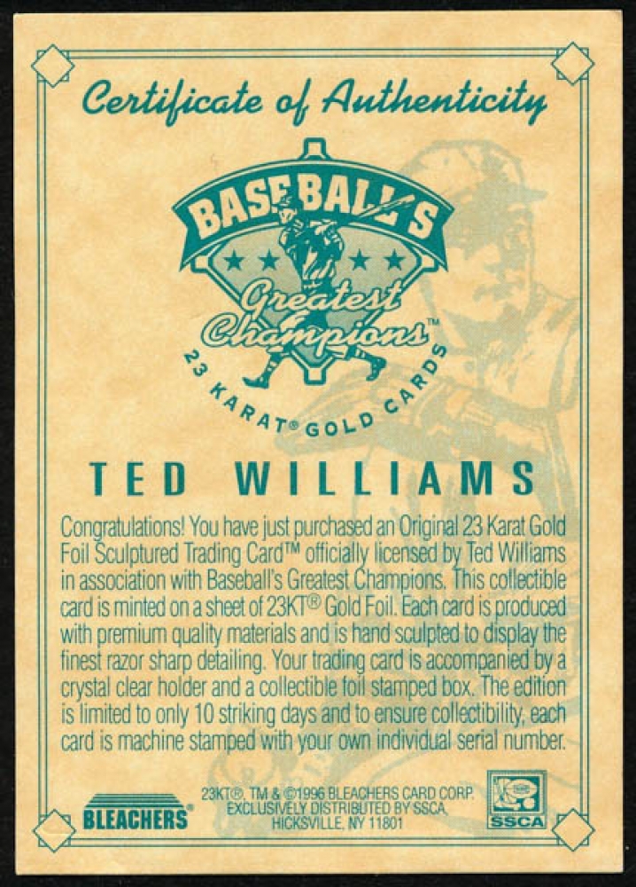 Ted Williams 199000 Bleachers LE 23KT Gold Baseball Card Pristine