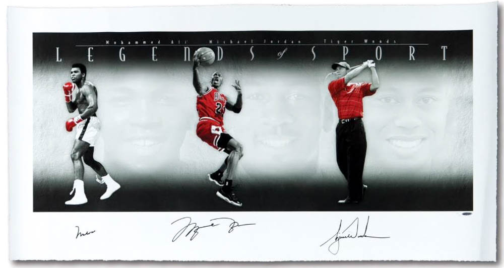 Muhammad Ali, Michael Jordan & Tiger Woods Signed "Legends of Sport" LE 25x49 Lithograph #37/100 (Upper Deck COA & PSA LOA) at PristineAuction.com Muhammad Ali, Michael Jordan & Tiger Woods Signed "Legends of Sport" LE 25x49 Lithograph #37/100 (Upper Deck COA & PSA LOA) at PristineAuction.com