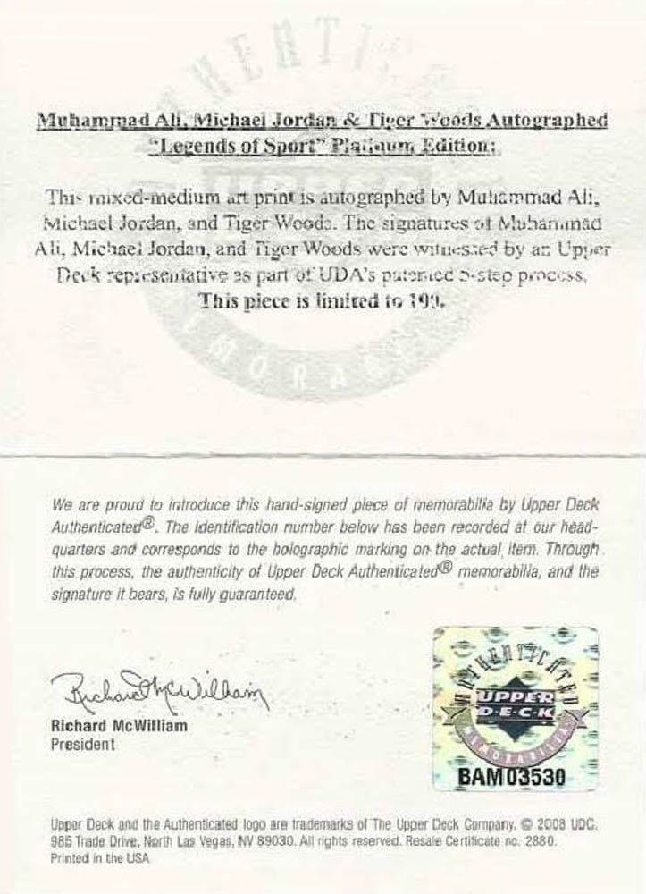 Muhammad Ali, Michael Jordan & Tiger Woods Signed "Legends of Sport" LE 25x49 Lithograph #37/100 (Upper Deck COA & PSA LOA) at PristineAuction.com Muhammad Ali, Michael Jordan & Tiger Woods Signed "Legends of Sport" LE 25x49 Lithograph #37/100 (Upper Deck COA & PSA LOA) at PristineAuction.com