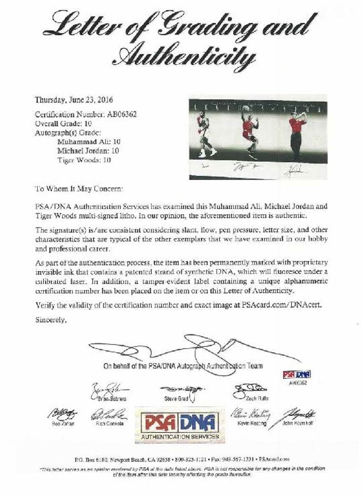 Muhammad Ali, Michael Jordan & Tiger Woods Signed "Legends of Sport" LE 25x49 Lithograph #37/100 (Upper Deck COA & PSA LOA) at PristineAuction.com Muhammad Ali, Michael Jordan & Tiger Woods Signed "Legends of Sport" LE 25x49 Lithograph #37/100 (Upper Deck COA & PSA LOA) at PristineAuction.com
