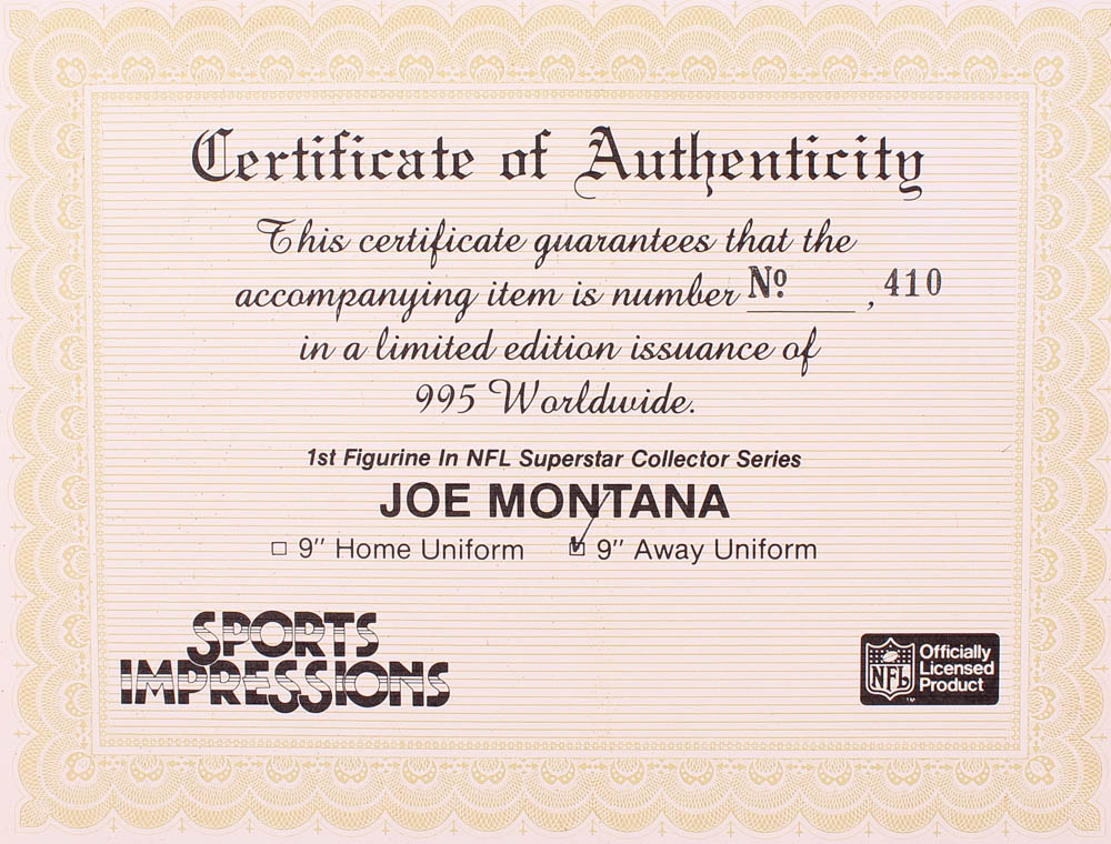 Joe Montana 49ers 1990 LE Sports Impressions Ceramic Figurine (Sports Impressions COA) at PristineAuction.com Joe Montana 49ers 1990 LE Sports Impressions Ceramic Figurine (Sports Impressions COA) at PristineAuction.com