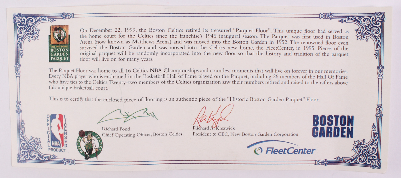 Boston Celtics Game-Used 4x4 Hardwood Floor Used in the Boston Garden from 1946-1999 (Celtics COA) at PristineAuction.com Boston Celtics Game-Used 4x4 Hardwood Floor Used in the Boston Garden from 1946-1999 (Celtics COA) at PristineAuction.com